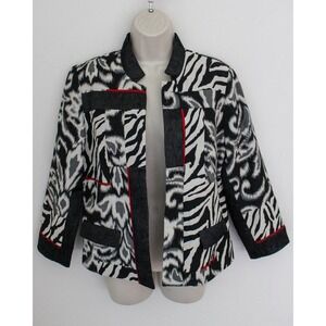 Chicos Jacket Size 1 Medium Zebra Ikat Print Open Front Long Sleeve Metallic